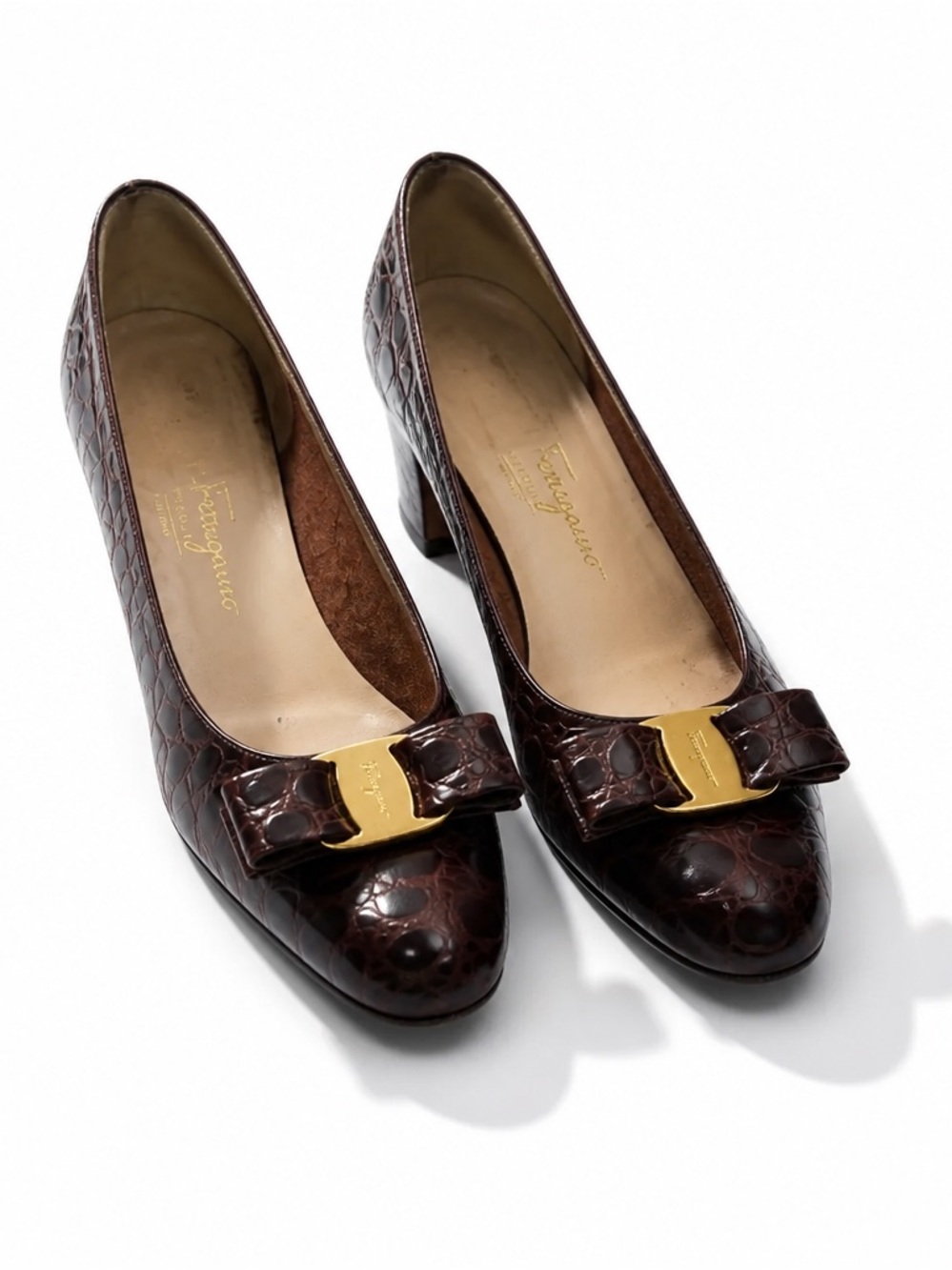 Salvatore Ferragamo Dark Brown Croc-Embossed Vara Bow Pumps